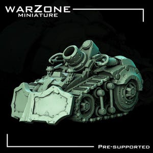 May include: A detailed, light green miniature tank model with a large cannon and track wheels. The model has a front blade and various mechanical details. The text "WARZONE MINIATURE" is at the top, and "PRE-SUPPORTED" is at the bottom.