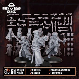 Op de afbeelding: Een set van 51 ongeverfde grijze hars miniatuuronderdelen met het label Rock Head Gangs, inclusief 10 lichamen, 10 hoofden, 20 armen met wapens en 1 rugzak. De collectie bevat drie geassembleerde figuren met cilindrische helmen en lange jassen.