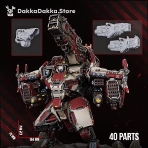 Könnte beinhalten: Ein rot-weißes mechanisches Robotermodell mit einer großen, oben montierten Kanone, Raketenwerfern und Seitenwaffen. Der Text DakkaDakka.Store und 40 PARTS sind sichtbar. Ein rotes Messwerkzeug zeigt Maße von 79 mm, 135 mm und 164 mm an.