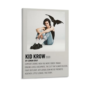 Könnte beinhalten: Ein rechteckiges Poster mit einem Foto einer sitzenden Person mit einer schwarzen Vogelgrafik. Das Poster enthält den Text "KID KROW 2020" und Songtitel von Conan Gray.