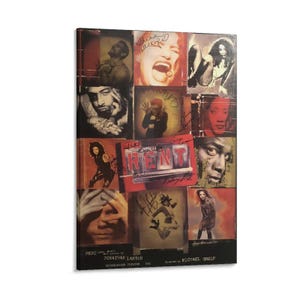 May include: A rectangular wall art print featuring a collage of photographs from the musical RENT. The central red sign displays the word RENT in white letters. Multiple black ink signatures are overlaid across the various character portraits.