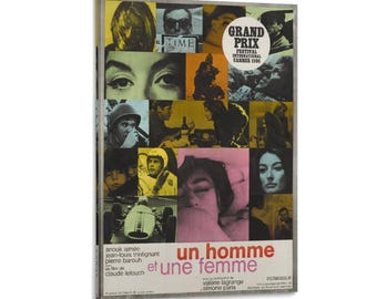 May include: A vintage movie poster for "Un Homme et une Femme" (A Man and a Woman) from the 1966 Cannes Film Festival. The poster features a collage of images in yellow, pink, and black, with the title in red and white.