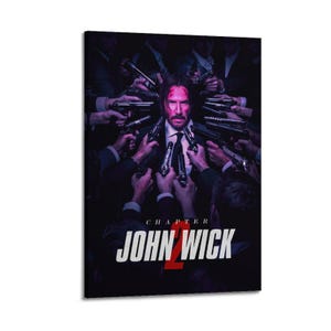Puede incluir: Un cartel de la película "John Wick: Capítulo 2" presenta una figura central rodeada de manos que sostienen armas. El título está en blanco, con el "2" en rojo. La combinación de colores es oscura, con un enfoque en el rostro de la figura central.