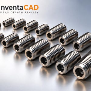 Op de afbeelding: Een verzameling zilverkleurige metalen stelschroeven met inbusaandrijving, gerangschikt in rijen op grootte. Het InventaCAD-logo en de tekst IDEAS DESIGN REALITY zijn zichtbaar in de linkerbovenhoek van de afbeelding.