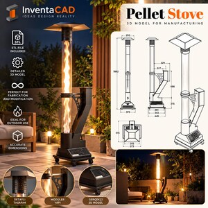 Könnte beinhalten: Ein 3D-Modell eines Pellet-Ofens für die Fertigung mit einem hohen zylindrischen Glas-Flammenrohr, einer quadratischen Abdeckung und einem Sockel auf Rollen. Technische Zeichnungen zeigen Maße in Millimetern, darunter 1882 mm Höhe und 373 mm Breite.
