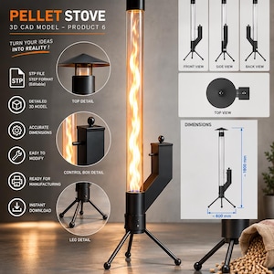 Könnte beinhalten: Ein 3D-CAD-Modell eines Pelletofens mit einem hohen, klaren zylindrischen Glasrohr mit sichtbaren Flammen, einer schwarzen Metallkappe und einem Stativfuß. Das technische Datenblatt enthält Ansichten, eine Steuerbox und Maße von 1800 mm mal 600 mm.