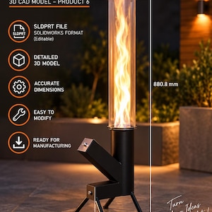 Könnte beinhalten: Ein schwarzes Pellet-Ofen 3D-CAD-Modell mit einer hohen zylindrischen Glas-Flammenkammer. Das Gerät verfügt über eine schräge Brennstoffzufuhr, drei Beine, eine Gesamthöhe von 880,8 mm, eine Breite von 266,4 mm und eine Tiefe von 231,2 mm. Text: InventaCAD.