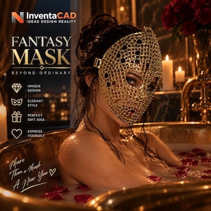 May include: A gold-toned, lattice-patterned mask featuring a grid of small, reflective circular elements. The mask covers the upper face and is secured with side straps. Text on the image includes InventaCAD, FANTASY MASK, BEYOND ORDINARY, and More Than a Mask A New You.