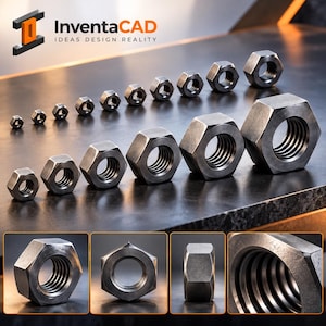 May include: A collection of metallic hexagonal nuts arranged by size, featuring internal threading. The InventaCAD logo and text are visible at the top. Four inset panels show detailed views of the nuts from various angles, highlighting the metal texture and the internal screw threads.