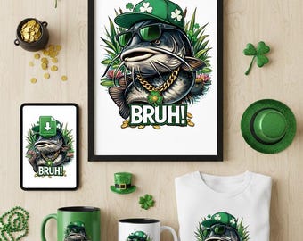 Funny Catfish St Patrick's Day PNG, Shamrock Fishing Graphic (Digital Download)
