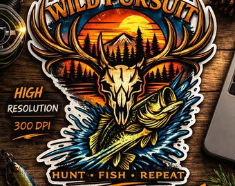 Adesivo per caccia e pesca con teschio di cervo Wild Pursuit PNG (download digitale)