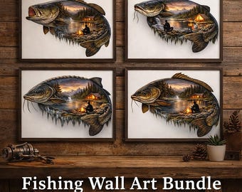 Stampe artistiche rustiche di pesca, decorazioni per cabine, laghi e lodge (pacchetto download digitale)