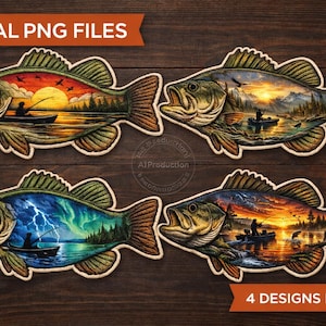 May include: Four digital PNG files featuring bass fish designs with scenic landscape illustrations inside. Each fish has a different sunset, sunrise, or aurora borealis scene with a fisherman in a boat. The text "DIGITAL PNG FILES" and "4 DESIGNS INCLUDED" are visible.