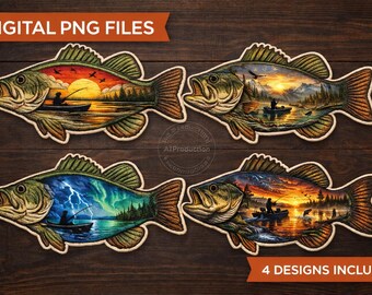 Pacchetto PNG per la pesca al black bass - Disegni paesaggistici per pesci persici trota (download digitale)