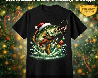 Pesca al black bass a Natale in formato PNG, grafica con cappello da Babbo Natale, clipart di un pescatore in vacanza (download digitale)