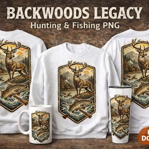 Puede incluir: Ropa blanca y una taza con un diseño de caza y pesca. El diseño incluye un ciervo, un pez y el texto "Backwoods Legacy Hunting & Fishing PNG". Los artículos se muestran sobre una superficie de madera.