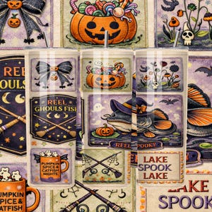 Peut inclure: Un collage de motifs sur le thème d'Halloween avec des citrouilles, des chauves-souris et des chapeaux de sorcière. Les motifs incluent du texte tel que "Reel Ghoul's Fish" et "Pumpkin Spice & Catfish Nights". La palette de couleurs comprend l'orange, le violet et le noir.