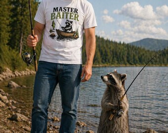 Master Baiter Raccoon Fishing Shirt, Funny Angler Humor Tee, Lake Life Graphic