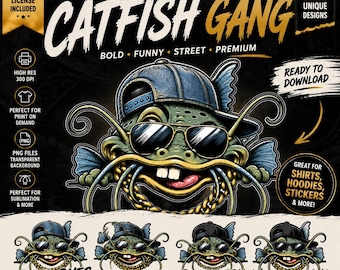 Pacchetto PNG "Catfish Gang" / Disegni divertenti per magliette da pesca (Download digitale)