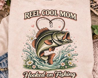 Immagine PNG di una mamma che pesca, grafica di pesca al persico trota, regalo per la festa della mamma (download digitale)