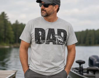 Dad Typography Tee | Black and White Dad Lettering with Mountain and Fish Design