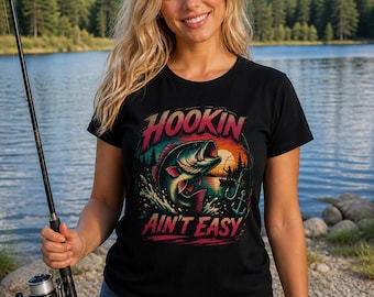 Hookin Ain't Easy Fishing T-Shirt | Bass Retro Sunset Tee