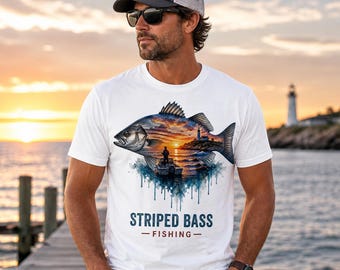 Striped Bass Fishing Shirt Sunset Ocean Fisherman Tee Saltwater Angler Gift Lighthouse Boat Fishing T-Shirt