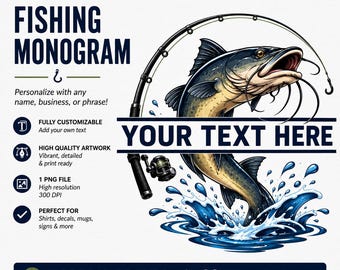 Maglietta personalizzata con monogramma a tema pesca / Illustrazione personalizzata di un pesce gatto (download digitale)