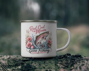 Reel Mom Fishing Enamel Mug | Floral Trout Camping Cup