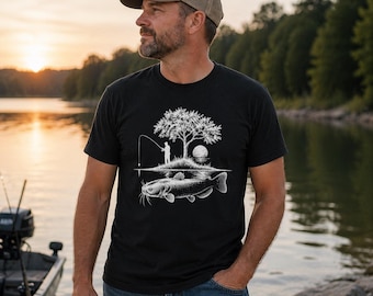 Catfish Fishing Scene Tee | Angler, Tree Silhouette, Moonlit River