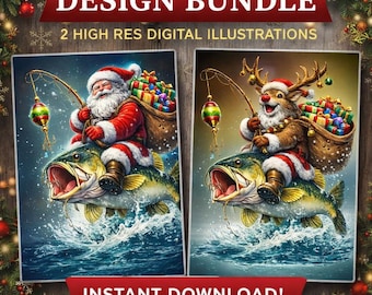 Pacchetto PNG di pesca natalizia, disegni di Babbo Natale, renne (download digitale)