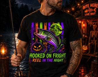 Maglietta "Hooked on Fright Reel in the Night" / Maglietta da pesca di Halloween