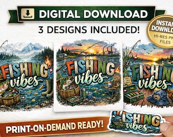 Pacchetto PNG a tema pesca, 3 design, grafica pescatore, vita sul lago (download digitale)