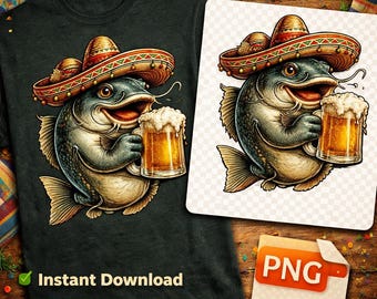 Cinco de Mayo Catfish Fishing PNG, Sombrero Beer Angler Graphic (Download immediato)