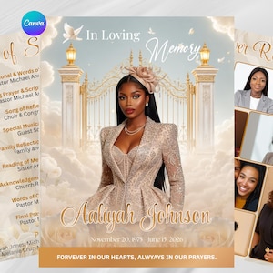 May include: A funeral program template featuring a portrait of a person in a beige blazer with a fascinator, set against a golden gate and clouds. Text includes In Loving Memory, Aaliyah Johnson, November 20, 1975 - June 15, 2026, and program details.