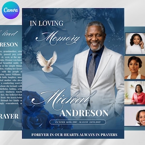 May include: A funeral programme template featuring a portrait of a man in a white suit and dark tie. The design includes blue floral accents, a white dove, and the text IN LOVING MEMORY, MICHAL ANDRESON, OCTOBER 16TH, 1987 AUGUST 24TH, 2027.