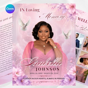 May include: A funeral programme template featuring a portrait of a person in a pink dress, surrounded by pink and purple flowers, white doves, and clouds. Text includes IN Loving Memory, Isabella JOHNSON, April 15, 1966 - March 16, 2026.