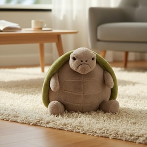 Op de afbeelding: Een pluche schildpad met een chagrijnige uitdrukking. De schildpad heeft een bruin lichaam, een groene schild en kleine ledematen. Het zit op een witte hoogpolige vloerkleed.