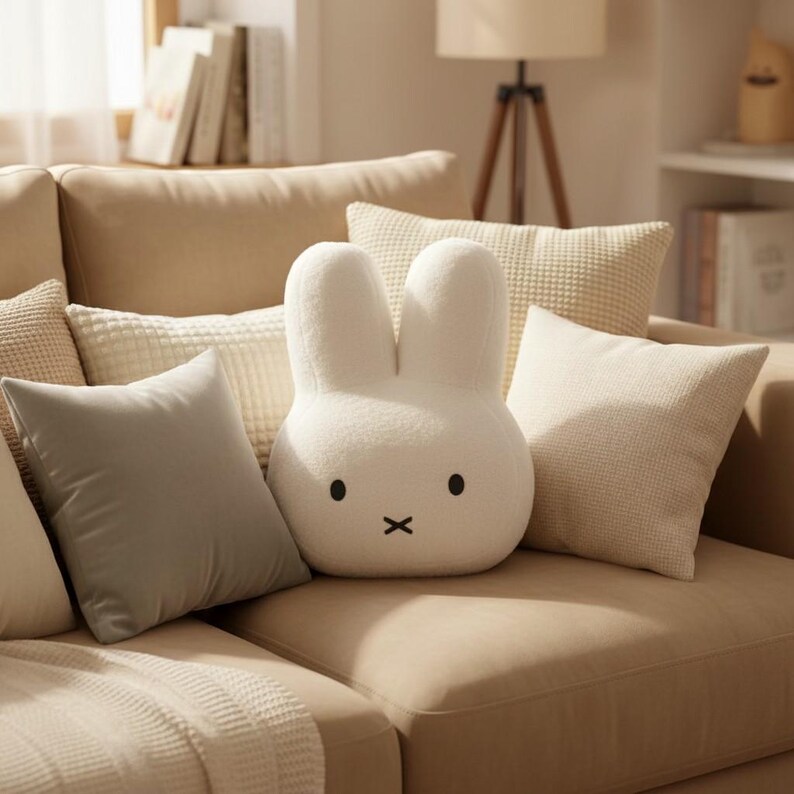 May include: A plush, off-white bunny-shaped pillow with black eyes and a black 'x' mouth sits on a beige sofa, surrounded by various beige and gray pillows. The bunny pillow is the focal point, adding a playful touch to the neutral-toned living room setting.