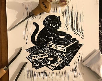 Selbstgemachter Linoldruck “ Vinyl Katze”