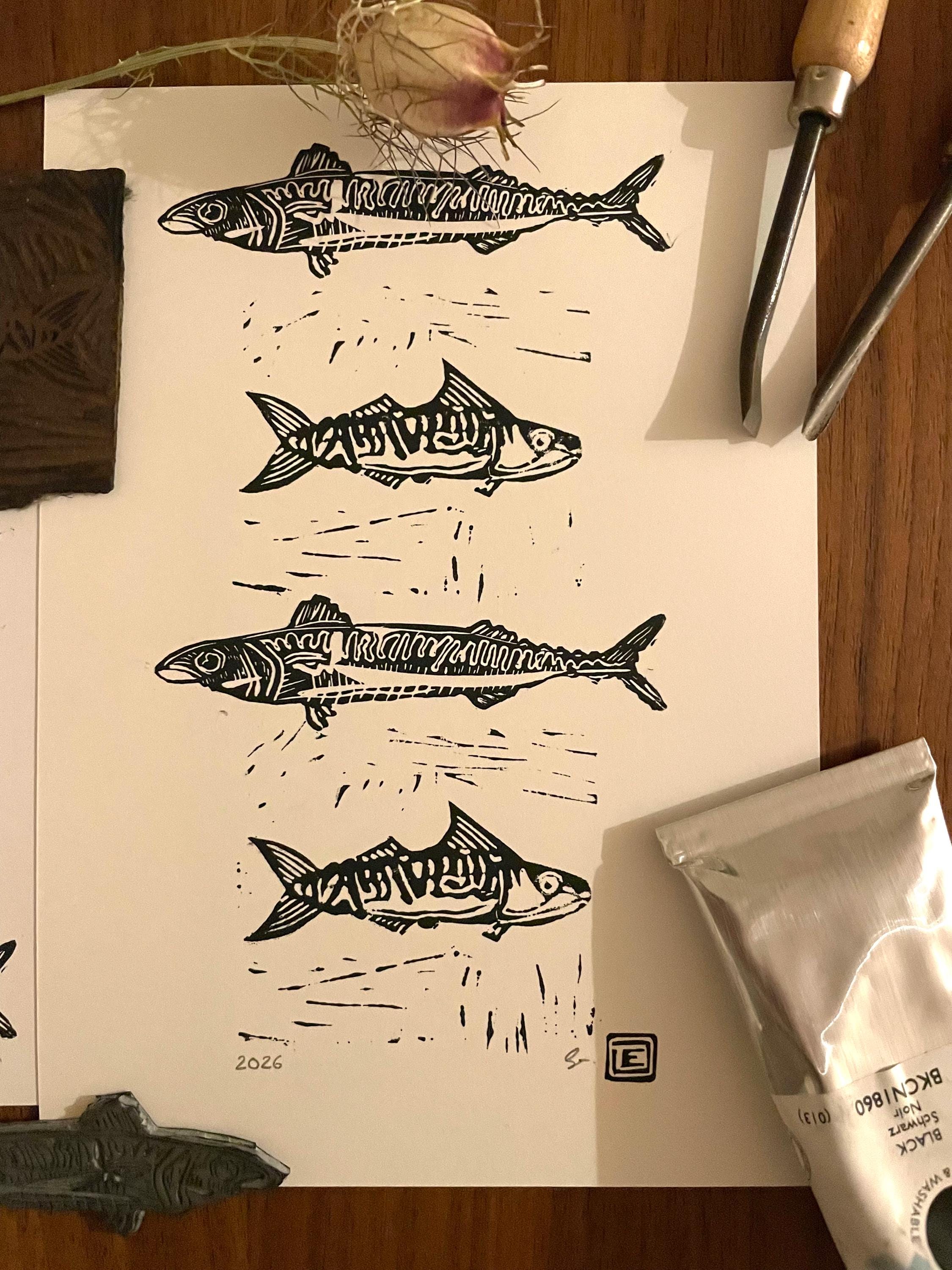 Homemade Linocut Print “fish” - Etsy