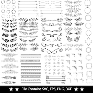May include: A selection of black and white vector graphic elements, featuring floral borders, decorative lines, corner designs, and heart shapes. The image includes the text "File Contains SVG, EPS, PNG, DXF".