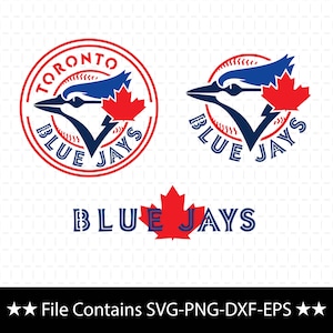 May include: A digital graphic set featuring the Toronto Blue Jays logo in two circular variations and one text-based version with a red maple leaf. The designs incorporate blue and red colours, displaying the text "TORONTO BLUE JAYS" and "BLUE JAYS".