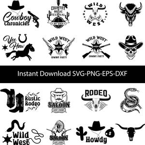 Può includere: Una collezione di grafiche a tema cowboy in bianco e nero. I disegni includono cappelli da cowboy, pistole, ferri di cavallo, teschi di bue e testo come "Cowboy Chronicles", "Country Music Festival" e "Rodeo". È presente anche la frase "Instant Download SVG-PNG-EPS-DXF".