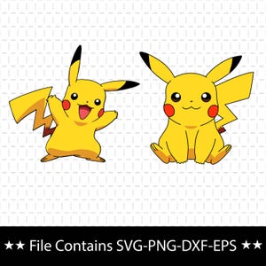 May include: Two yellow Pikachu characters with black-tipped ears, red cheeks, and lightning bolt tails. One character is standing with arms raised and mouth open, while the other sits. The text below reads: File Contains SVG-PNG-DXF-EPS.