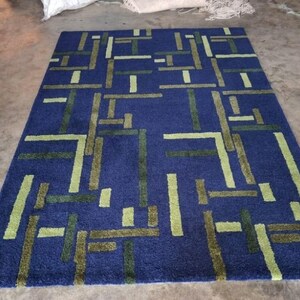 Mid-Century Modern Abstract Area Rug - Geometric Navy Blue & Moss Green Tufted Carpet - Minimalist Rectangular Rug for Living Room, Office