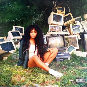 May include: A woman sits in grass with a pile of old computer monitors and a television behind her. She wears a white tank top, shorts, a green jacket, and white socks. The album cover has a parental advisory warning.