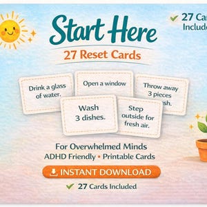 ADHD-vriendelijke resetkaarten, printbare startkaarten, 27 eenvoudige taakkaarten, hulp bij overweldiging, direct te downloaden