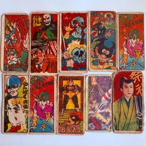 Vintage Showa Menko Set of 10 / 1960s Japanese Hero Samurai Cards / Played Condition / Junk Journal Ephemera / Japan