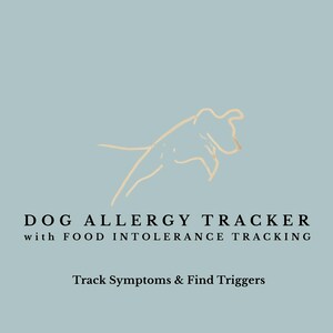 Könnte beinhalten: Hellblauer Hintergrund mit einer goldenen Umrisszeichnung eines Hundes. Der Text lautet "DOG ALLERGY TRACKER with FOOD INTOLERANCE TRACKING". Darunter steht "Track Symptoms & Find Triggers".